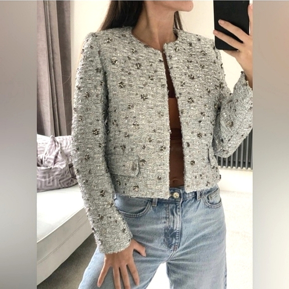 Zara Jackets & Blazers - Zara tweed textured sequined blazer SILVER GRAY size S